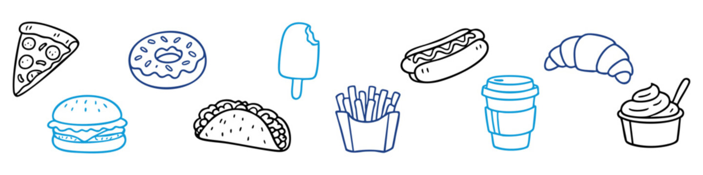 Doodle fast food and snack icons set featuring pizza, burger, donut, taco, coffee, and more in a hand-drawn line art style on a white background