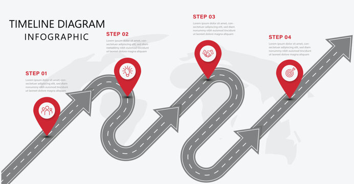 Business roadmap infographic design with 4 steps. Top view on road map. Modern diagram process technology digital marketing data presentation chart. Vector EPS 10 