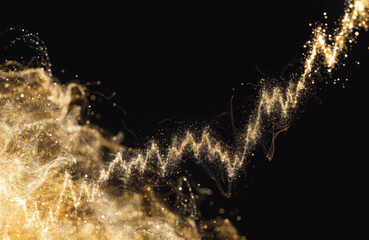 Realistic luminous line of gold dust with radiant . Upward-sloping stock price chart. glow effect. black background