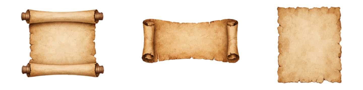 Collection of vintage parchment scrolls and aged paper sheets with ragged edges isolated on white. Ideal for antique maps, scrolls, and retro designs.