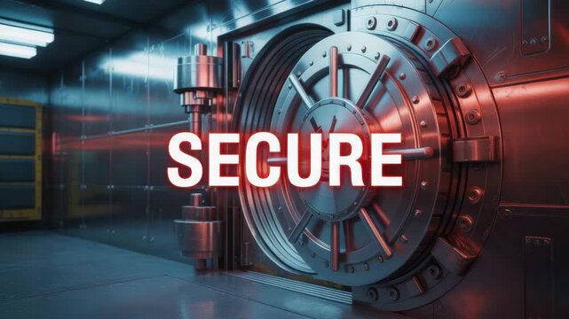 Secure bank vault door with glowing text in modern financial facility