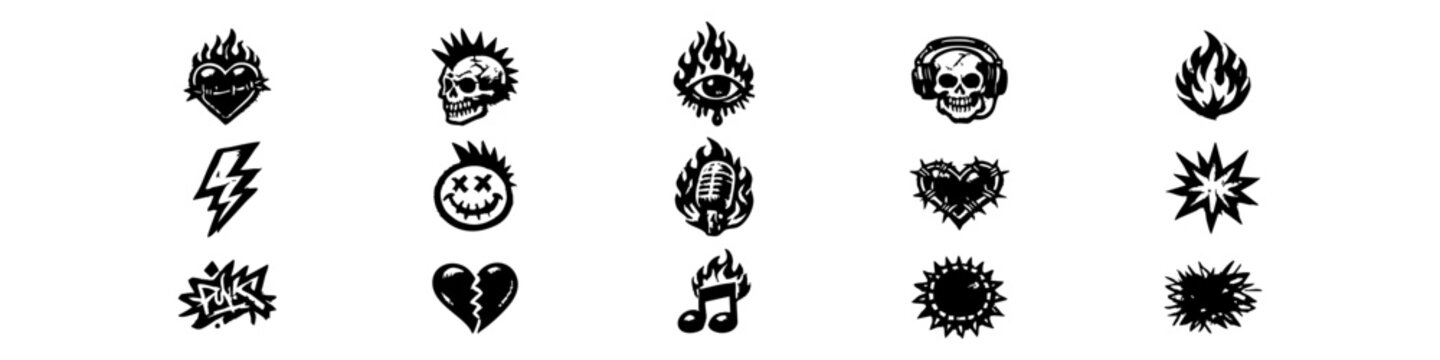 Set of distressed punk rock icons and stickers with skulls, flaming hearts, lightning, and music symbols in an edgy grunge aesthetic.