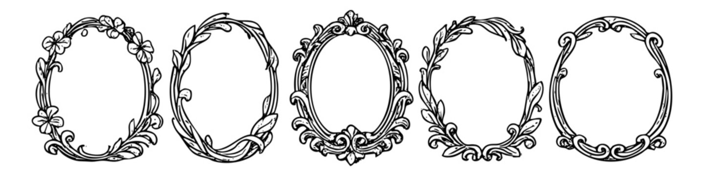 Set of hand-drawn vintage mirrors in pastel colors with floral and ornate baroque details, isolated on a white background