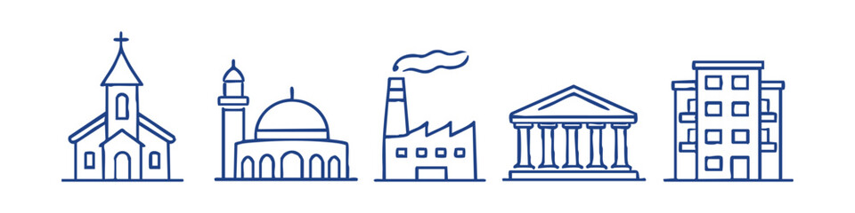 Set of hand-drawn building icons including a church, mosque, factory, temple, and apartment block in a simple line art style on white background © Nort Kor