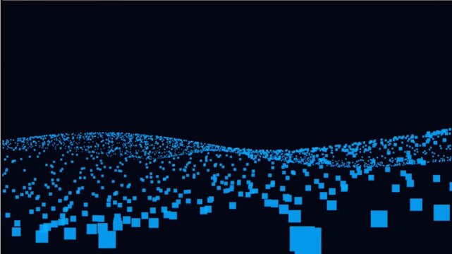 A dark blue abstract background featuring scattered, glowing blue square pixels animation