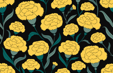 Cute. carnation. seamless pattern. Lovely romantic background for Valentine's Day, Mother's Day, wedding. Suitable for wrapping paper, postcards, invitations. yellow