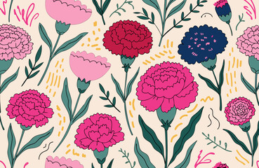Cute. carnation.  seamless pattern. Lovely romantic background for Valentine's Day, Mother's Day, wedding. Suitable for wrapping paper, postcards, invitations. 