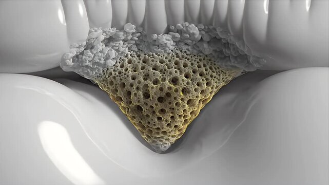 Detailed CGI macro view of early tooth cavity initiation showing micro porosity and demineralization within dental