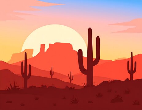 Stylized desert landscape with cacti, hills and sunset vector illustration