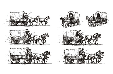 Obraz premium Covered Wagon Horses Male Riders Wild West Transportation Set 8 Chaotic Ink Sketch Pioneer Carriage-Frontier Travel Forms Vector Set