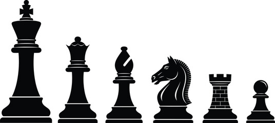 Chess pieces silhouette set with king, queen, bishop, knight, rook and pawn, strategy board game symbols isolated on white background vector illustration © Hey there