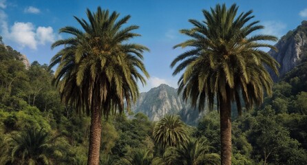 Obraz premium lush palm grove with mountainous backdrop in a tropical landscape.