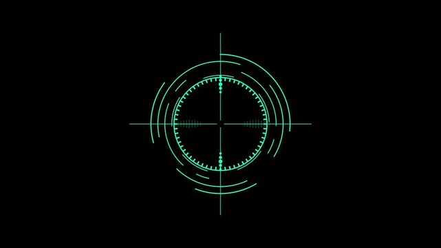 Green crosshair targeting reticle with circular scale markings on black background aiming scope crosshair.4K