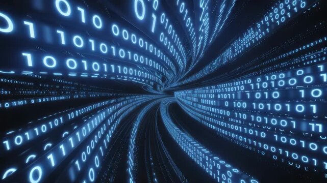Dynamic tunnel of glowing blue binary code streaming forward