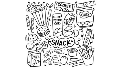 Snack food doodle set with chips popcorn and cookie illustration
