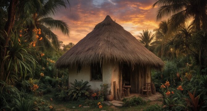tropical hut with thatched roof at sunset in lush garden landscape.