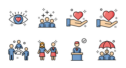 Fototapeta premium A collection of heart and people icons representing love, support, and community in flat vector style, suitable for social projects and branding