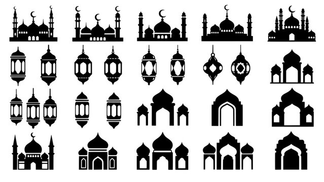 Mosque and islamic architecture icons set for ramadan and eid