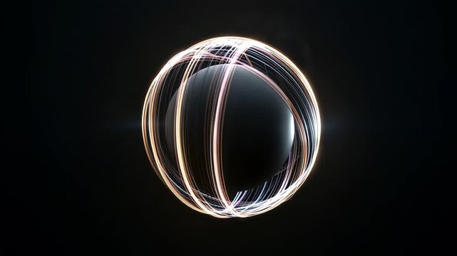 Thin glowing rings orbit a dark matte sphere, gradually changing trajectory and tightly wrapping around its surface with bright energy filaments