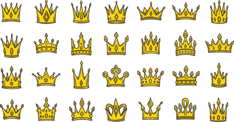 Hand drawn golden crown vector icon set with various royal tiara designs and jewelry ornaments for luxury branding and king queen fashion © Sukhi