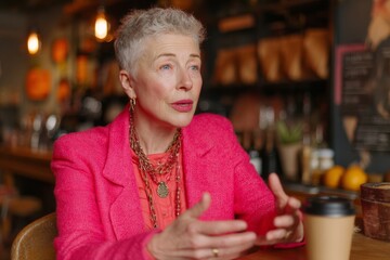 beautiful woman is sitting at table in restaurant. She's talking or giving interview. She's well dressed. pleasant lively atmosphere around. photo conveys business conversation or meeting of friends
