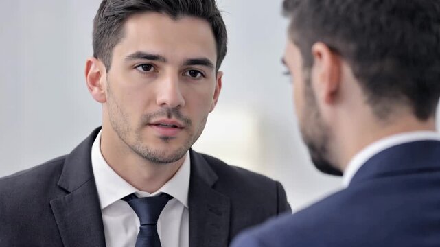 European male lawyer in black suit engages in serious conversation with another man, showing focused expressions and attentive body language in a modern office setting