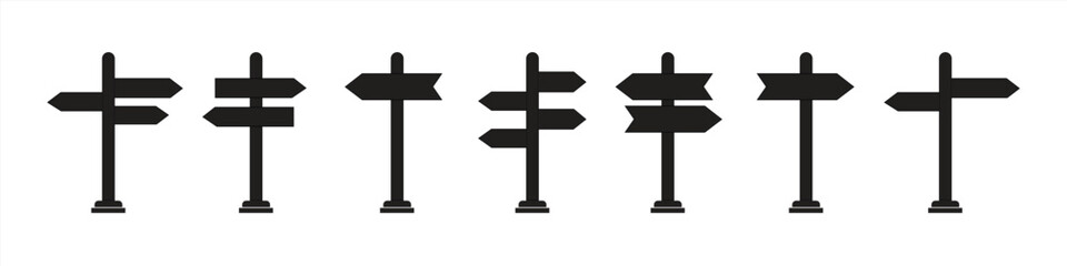 Black road sign icon set on a white background. Road direction signs. Directional signs or directional arrows. Vector illustration © GraphicGlow