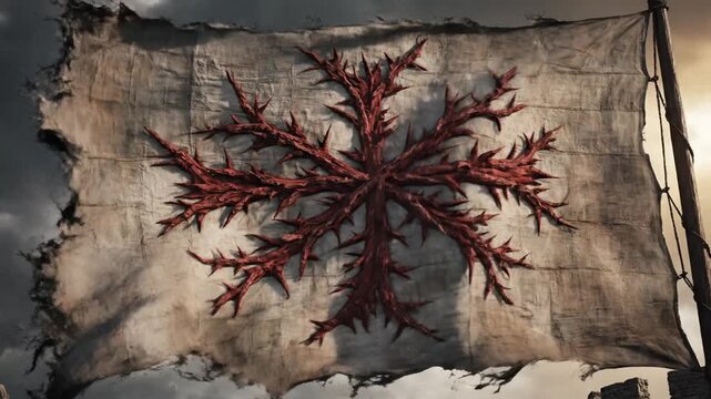 Weathered flag with red thorny emblem on a pole under dark sky