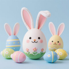 traditional japanese, vibrant easter egg decor: pastel-colored eggs with bunny ears on a light blue background, celebrating the charming spring holiday