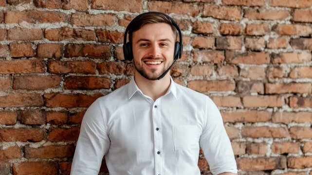 A smiling man with headphones stands before a brick wall. He wears a white shirt