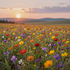 Fototapeta premium oil painting, colorful wildflower meadow at sunset in a vibrant summer landscape