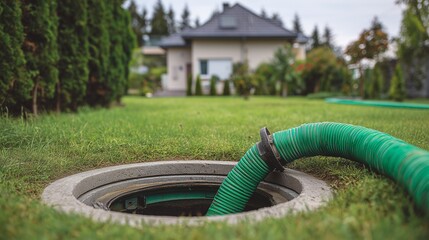 Open manhole with green suction hose inserted for sewer maintenance pump operation, lawn and residential house in background.