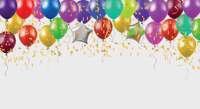 Colorful balloons with golden confetti and streamers isolated on transparent background festive party celebration design