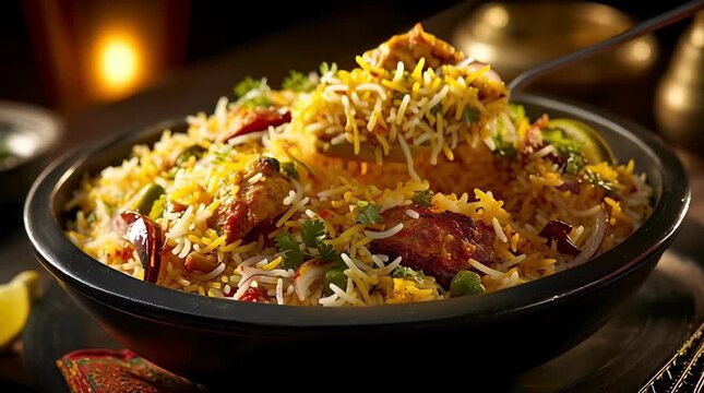 Delicious chicken biryani dish with mixed basmati rice, herbs, and spices, served in a bowl with a spoon in a video footage clip.