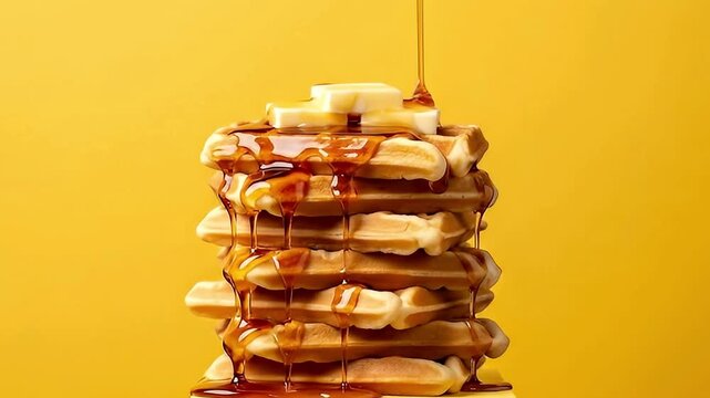 A mouth-watering stack of golden-brown waffles is generously drizzled with rich, amber syrup, cascading beautifully down each crispy layer. Cubes of butter slowly melt on top, adding to the indulgent 