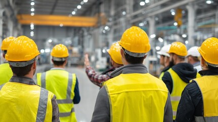 Naklejka na ściany i meble Safety auditor leading job hazard analysis in industrial warehouse with worker wearing hardhat and high-visibility vest addressing team.