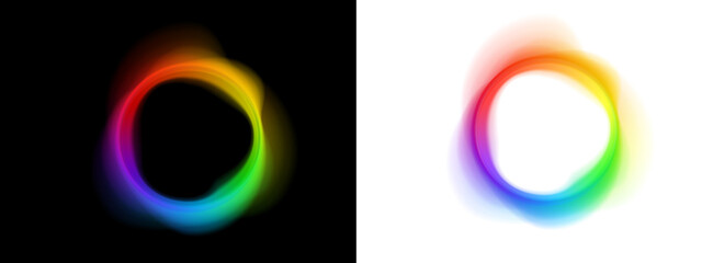 Vibrant neon arcs form abstract round frames with glowing gradients. Light flows along wavy edges,...