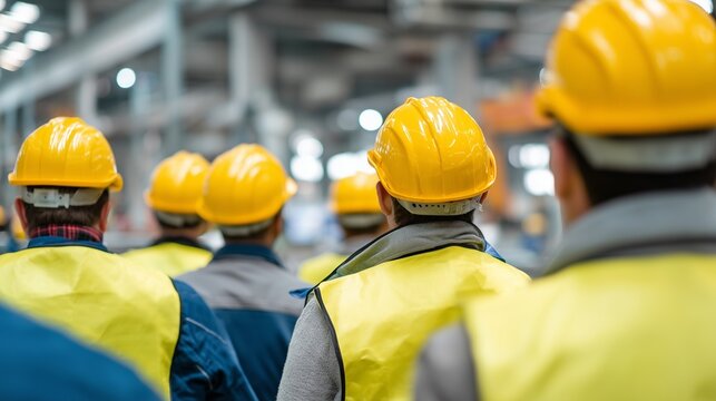 Worker in hard hat and high-visibility vest listens to safety instruction during toolbox talk in industrial setting, hard hat, vest, group, instructor, safety culture.