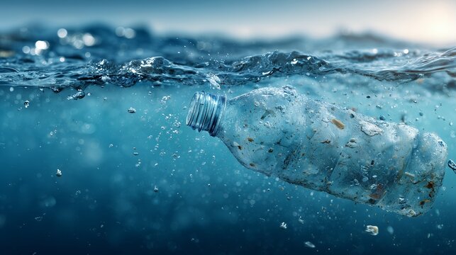 Single plastic bottle floating in polluted ocean surface, symbolizing maritime water ecosystem degradation and restoration need.