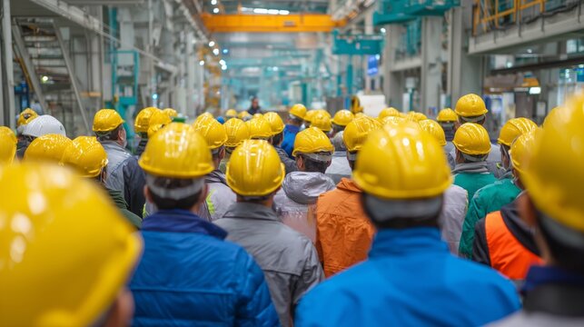 Worker in hard hat and high-visibility vest listens to safety instruction during safety meeting inside industrial facility with helmet, vest, and crane in background.