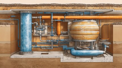 Technical underground septic tank scheme showing tank, pipework, pump, chamber and soil layers for waste treatment and drainage.