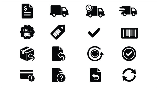 Set of 16 Black E-commerce and Delivery Vector Icons on White Background