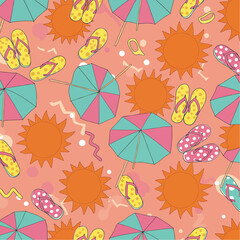 Colorful seamless pattern featuring suns, beach umbrellas, and flip-flops on a peach background