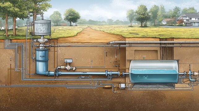 Cutaway technical underground septic tank scheme showing inlet pipe, grease trap, primary tank, pump, leach field and maintenance access in a soil profile.