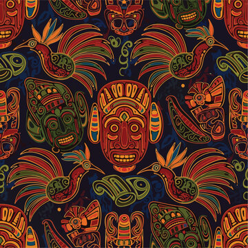Colorful seamless pattern featuring tribal masks and stylized bird illustrations on a dark background