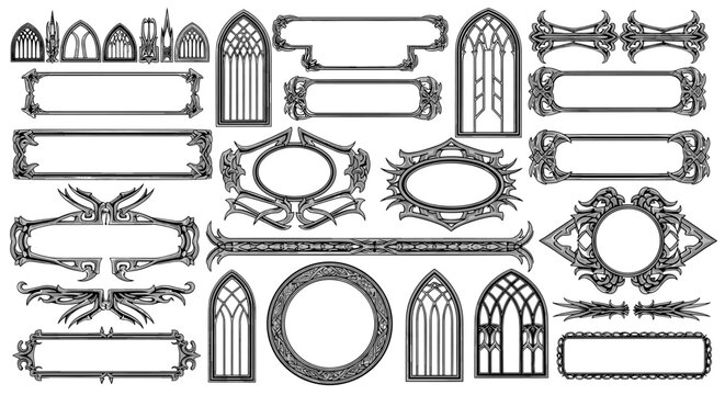 Set of intricate Gothic arches borders and frames for design elements and decor