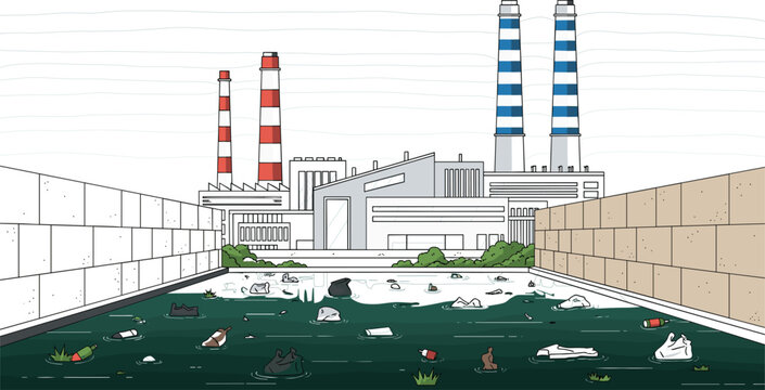 Industrial factory with smoking chimneys polluting a water reservoir filled with plastic waste and garbage in a flat vector illustration style