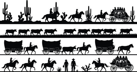 Wild west frontier silhouettes with cowboys, horses, cattle drive and stagecoach in desert landscape isolated in black vector western historical collection