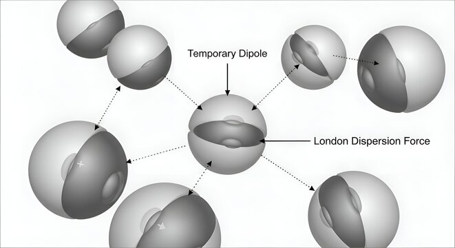 Illustration of London Dispersion Forces between molecules with temporary dipoles.
