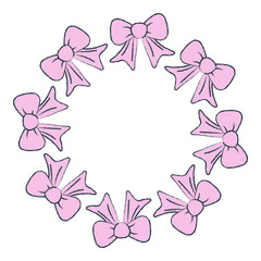 Hand drawn pink bow circle frame. Doodle crayon elements. Isolated vector illustration.